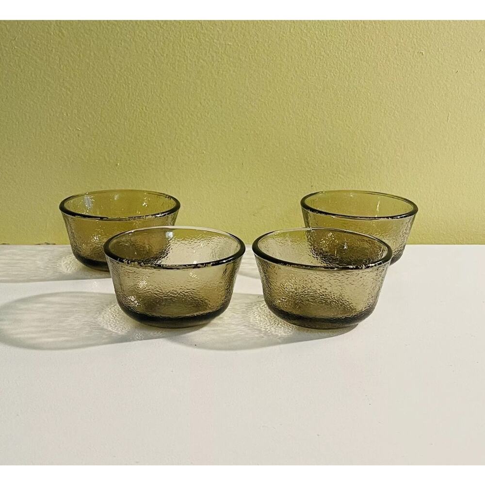 4 Vintage Glasbake Amber Brown Ramekins Bowls Prep Custard Fruit Textured